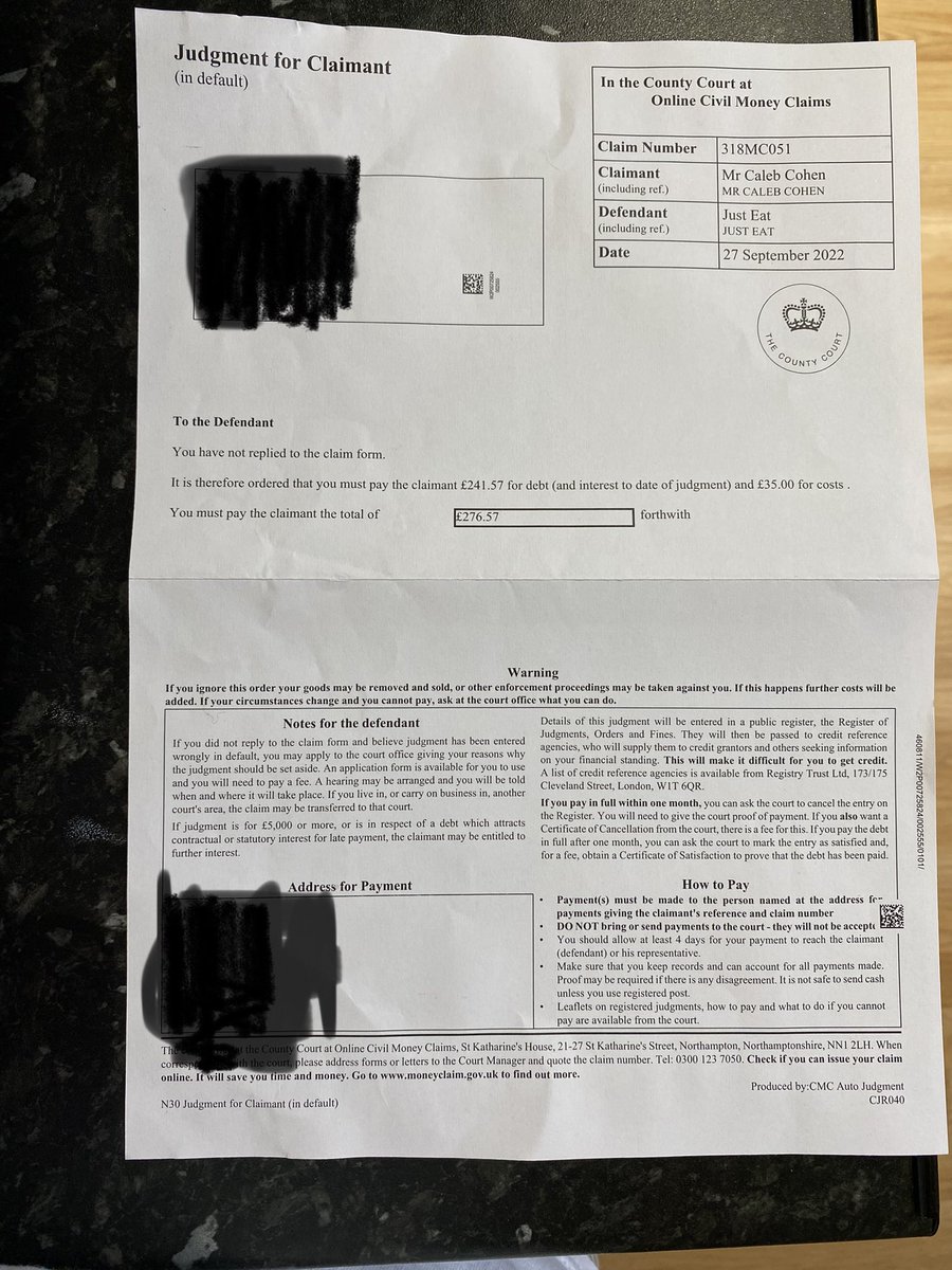 iCaleb91's tweet photo. @BloemJamie @JustEatUK JustEat will probably delete this like most of my other tweets but if you message me directly I’ll help you free of charge to sue them and get compensation. I did and won https://t.co/LyqVpBkgfn