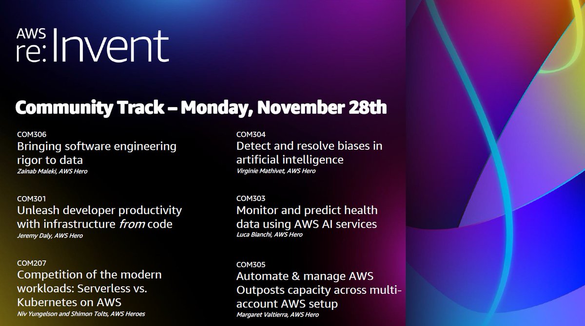 Attending AWS #reInvent? Don't miss the #AWSCommunity session track, led by AWS Heroes!

⭐️ Favorite in the re:Invent session guide now, &amp; grab a seat when reserved seating launches October 11, 10AM PDT: 

portal.awsevents.com/events/reinven…