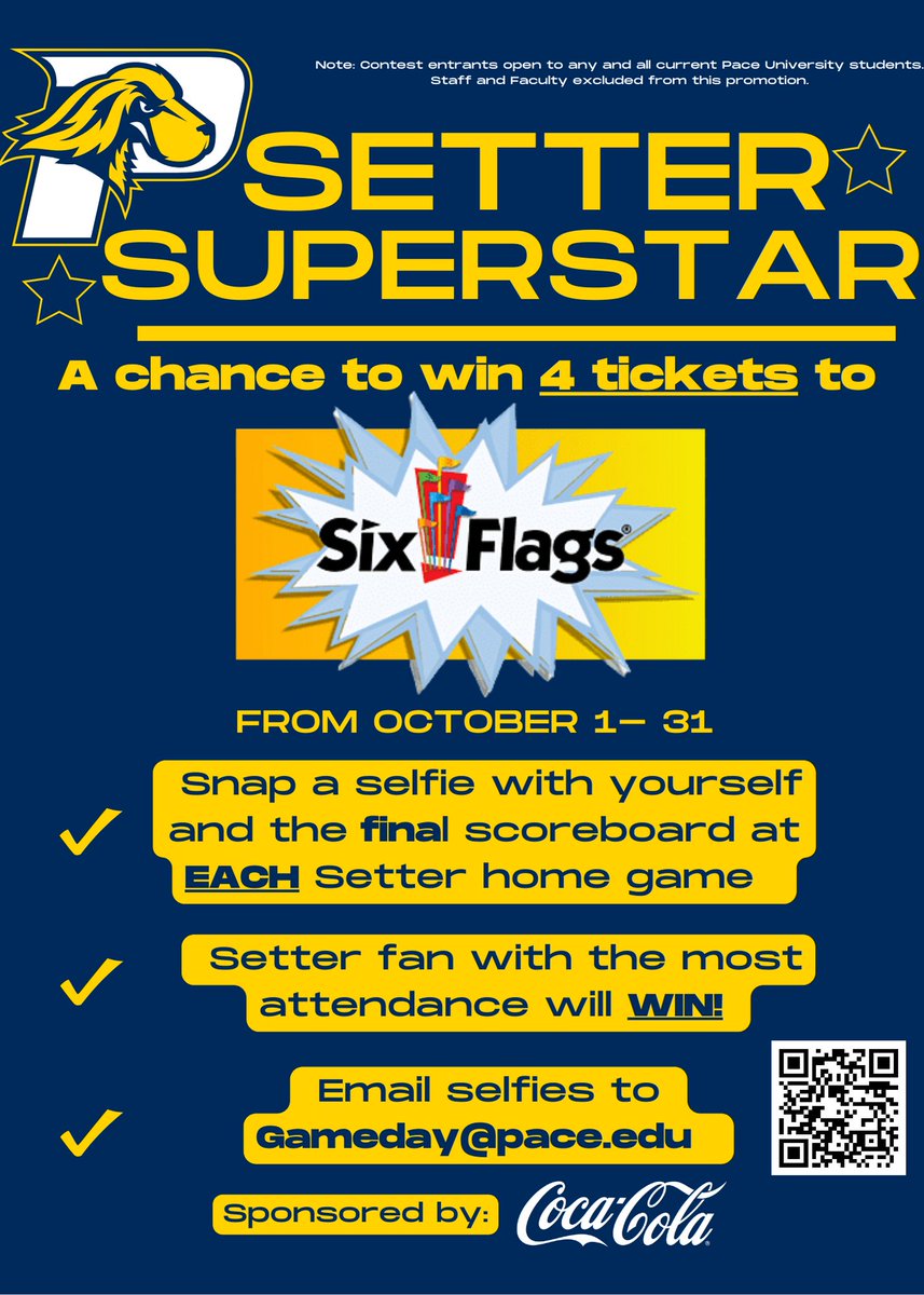 PaceUAthletics's tweet image. Setter fans! Want a chance to win 4 tickets to @SixFlags courtesy of Coke?
Our #SetterSuperstar promotion is going ALL month! We have home events today &amp;amp; tomorrow - check Paceuathletics.com for times. Snap a selfie with the final scoreboard and email it to Gameday@pace.edu!