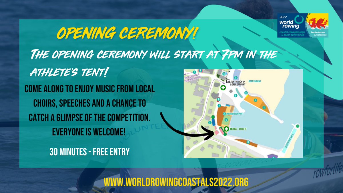 📣 Opening Ceremony 📣

Our opening ceremony will be taking place at 7pm in the athlete's tent (right in front of Saundersfoot Sailing Club) 🌊

Come along to welcome our athletes to Saundersfoot, listen to some local choirs and check out the competition! 

#BringOnTheWaves