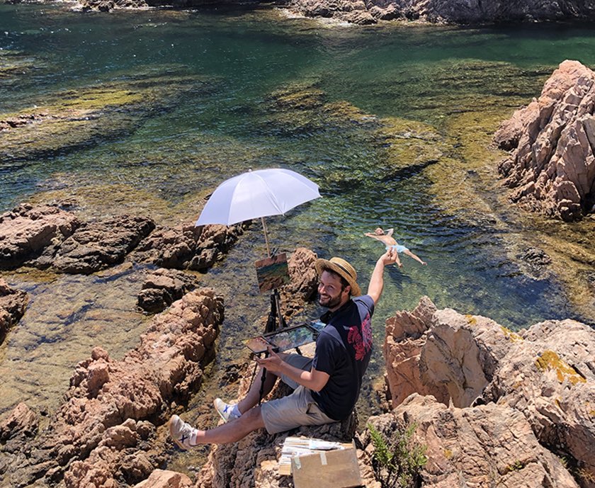 Plein Air Floating with <a href="/diazalama/">Diaz Alamà</a> <a href="/BernatBarris/">Bernat Barris</a> and <a href="/twisted_matter/">?</a> on a July day in Costa Brava.
"Cala Marquesa Aigua Xelida" - 4 x 5 inches - Oil on Panel - July 2022