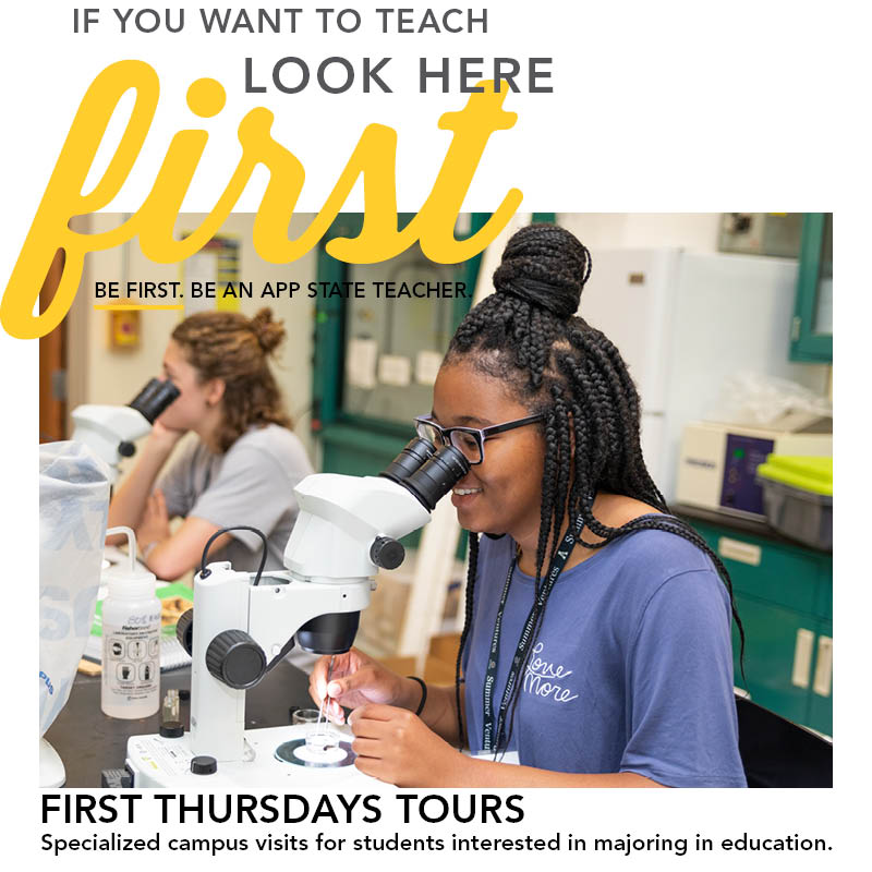 Join us for First Thursday on Oct. 13th! This is a specialized in-person opportunity for you to learn more about majoring in education at App State. RSVP: ugrad.appstate.edu/portal/rcoeeve….