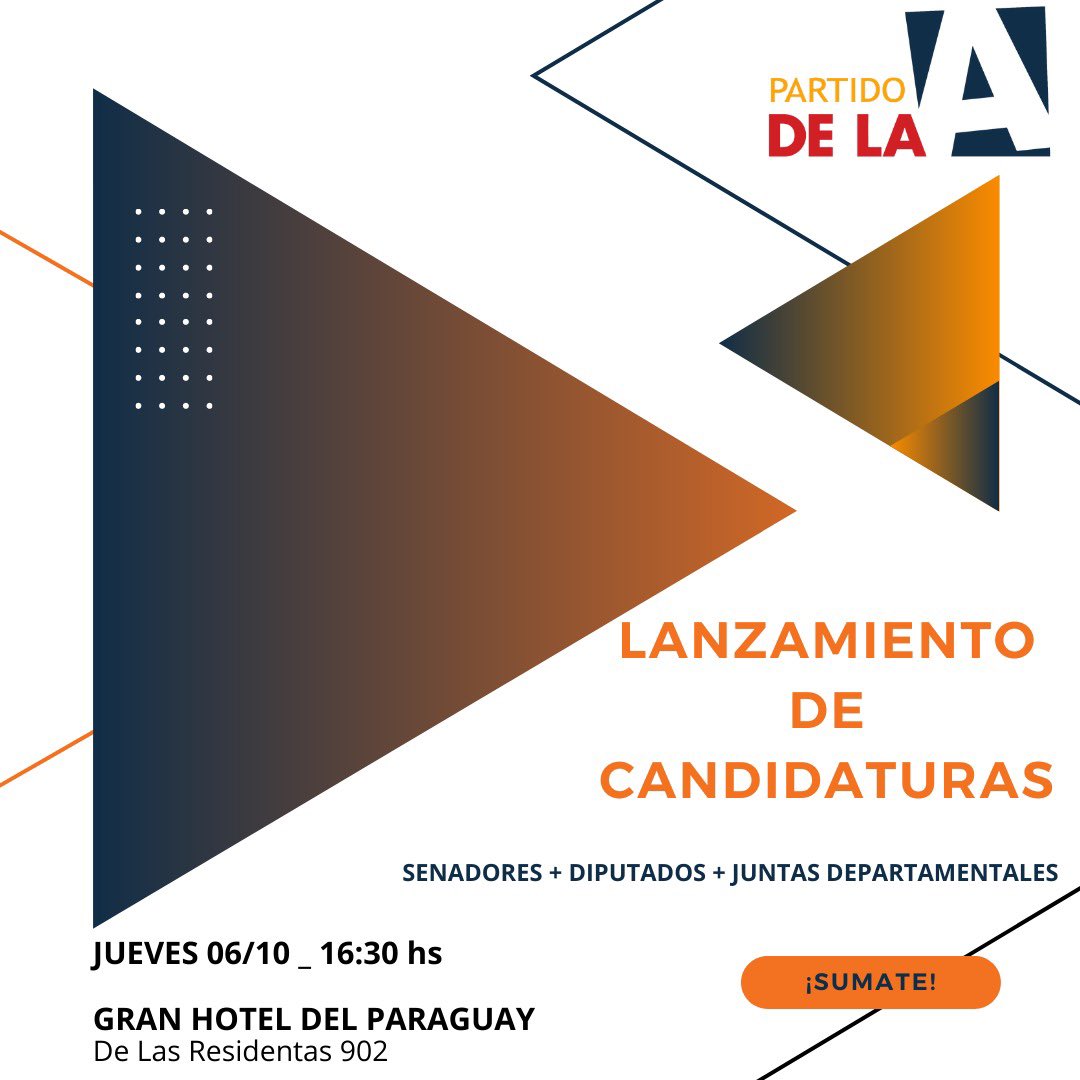 partidodla's tweet photo. HOY jueves 6 a las 16:30 en el Gran Hotel del Paraguay, hacemos el lanzamiento de nuestras candidaturas al Senado, a la Cámara de Diputados y Juntas Departamentales. 

Nos vemos a las 16:30 🙌🏻 https://t.co/zwWzrBRYBv