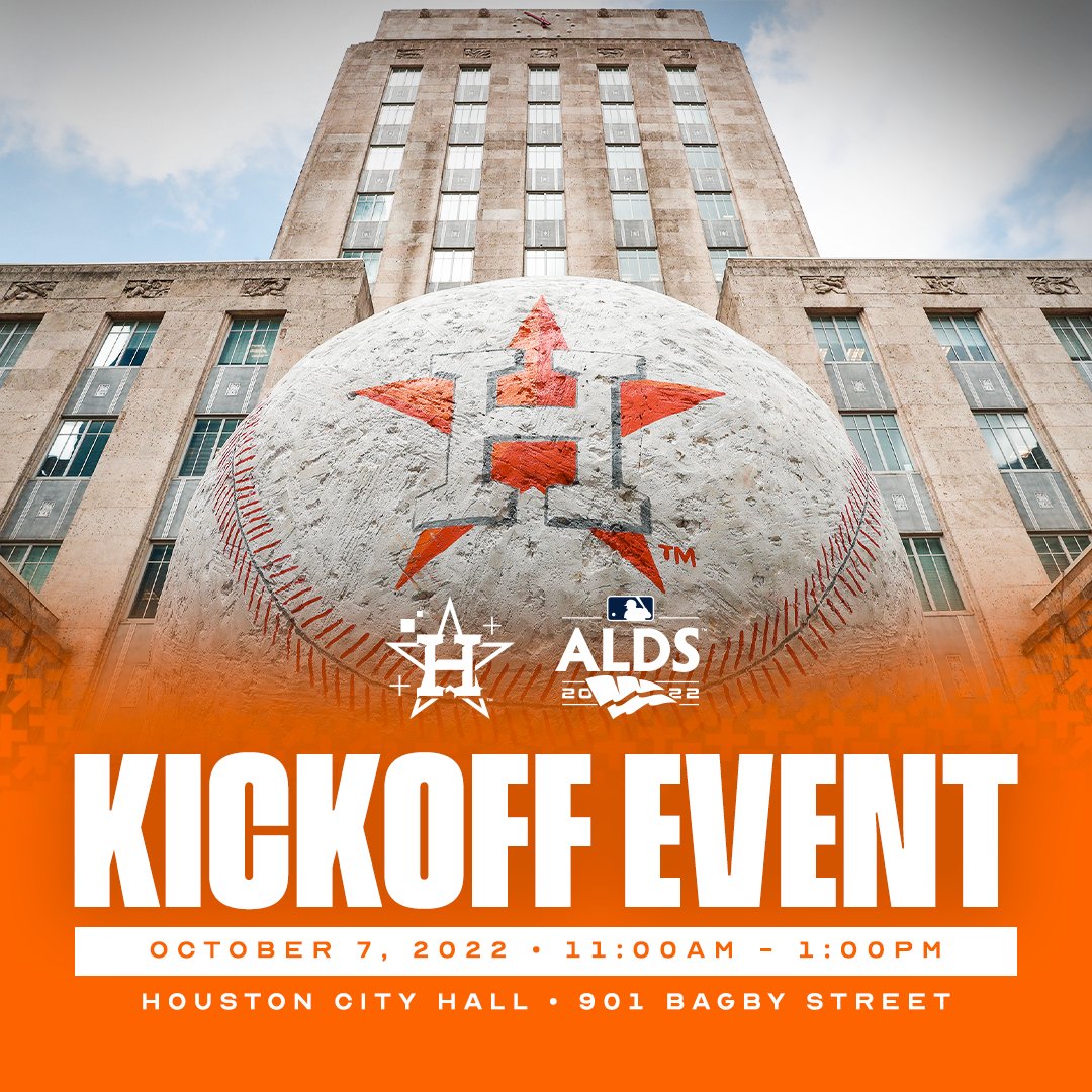 astros's tweet image. Tomorrow we are teaming up with the City of @HoustonTX to kickoff the 2022 #Postseason at Houston City Hall.

While the event starts at 11 AM, GM James Click, Manager Dusty Baker, IF Jeremy Peña, and OF Chas McCormick will arrive at 12:30 PM.

See y'all tomorrow!