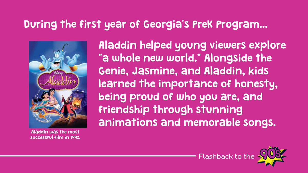 GeorgiaVoices's tweet image. Who remembers how they felt soaring above the streets of Agrabah, exploring a whole new world with Jasmine and Aladdin? Kids' movies today are still teaching life lessons through gorgeous animations and song. #90sflashback #30yearsofGeorgiaPreK #GaPreKWeek #ThrowbackThursday