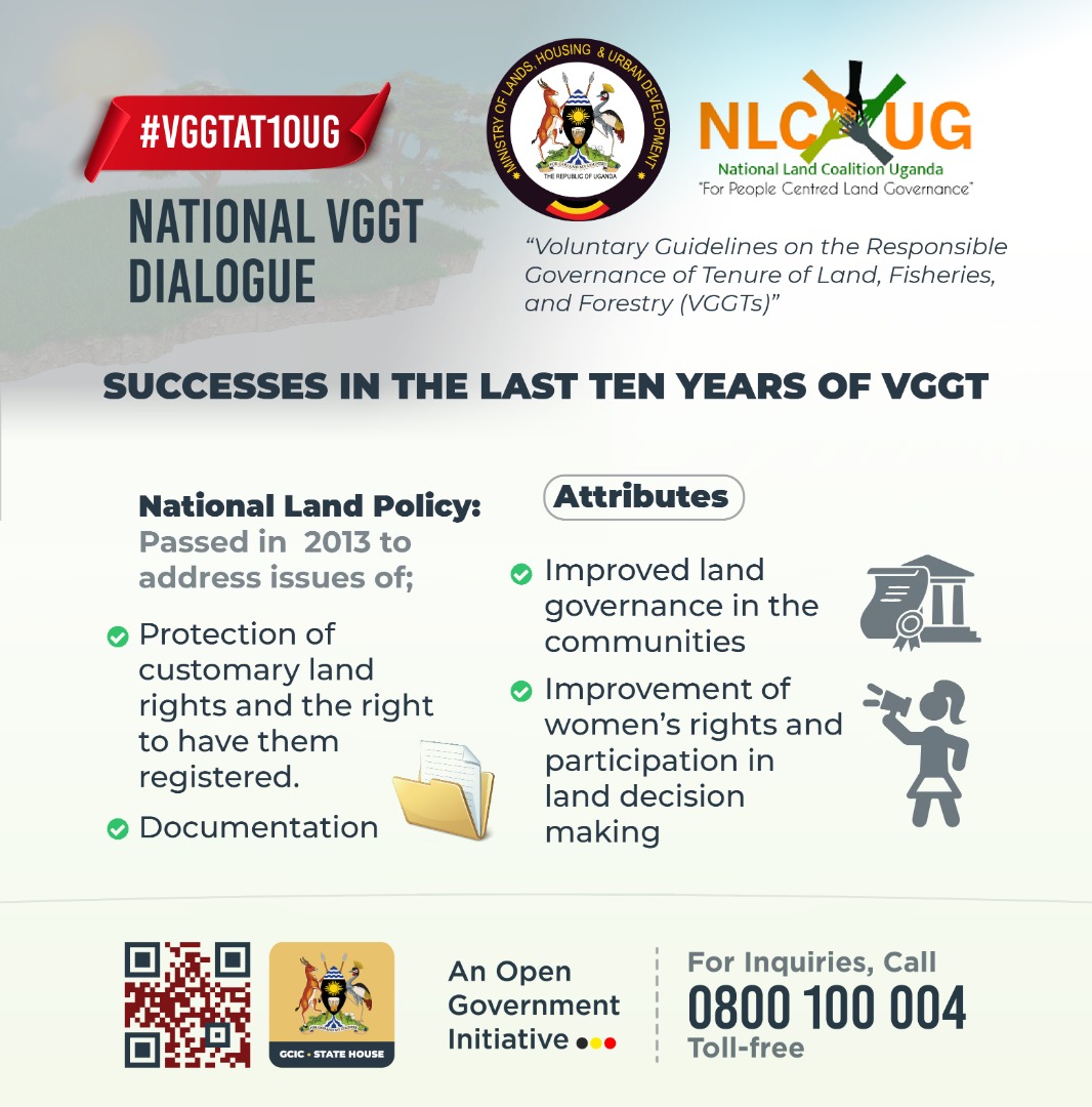 ᴠɢɢᴛ ᴍɪʟᴇꜱᴛᴏɴᴇꜱ ɪɴ ᴛʜᴇ ʟᴀꜱᴛ 10 ʏᴇᴀʀꜱ

<a href="/nlcuganda/">nlcuganda</a> today held the #VGGTAt10UG to learn from the decade of VGGT implementation in Uganda. Several achievements have been realised including the passing of the National Land Policy in 2013.