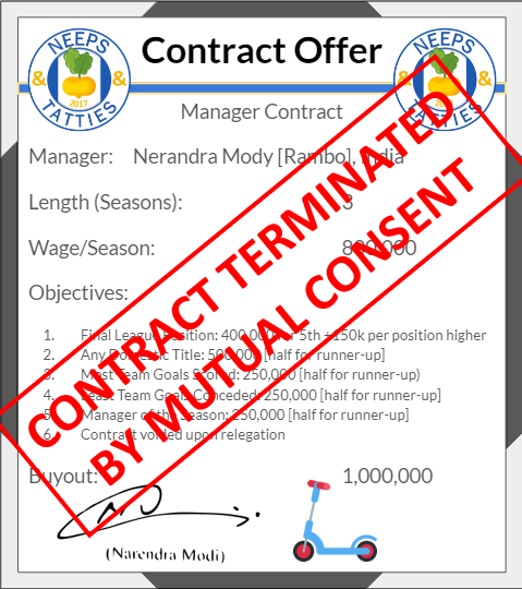 NeepsTattiesFSL's tweet photo. The club can confirm that the best manager in the history of @FantasySimLeag1, @NerandraMody, will be leaving the club at the conclusion of this season. The decision comes at the manager's request. The club has already begun the search for a replacement. #ThankYouRambo 🫂 https://t.co/WuwrnbA2BA
