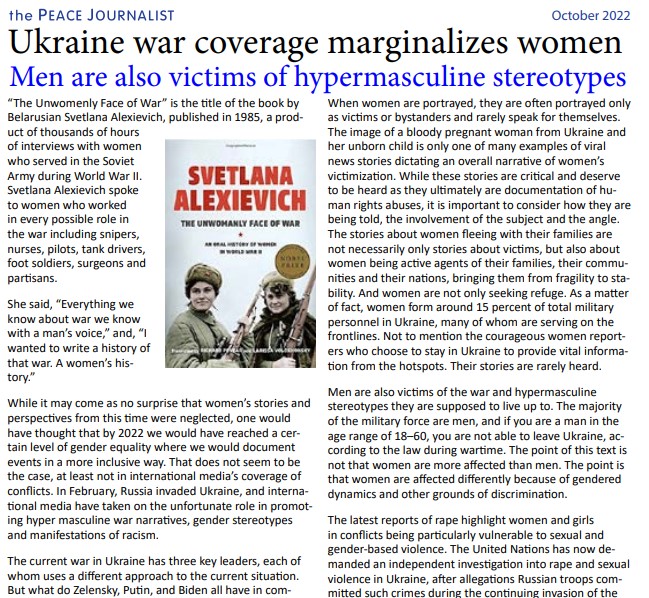 Steven Youngblood (@peacejourn) on Twitter photo Thoughtful article from <a href="/lygnerudboberg/">Emma Lygnerud Boberg</a> (<a href="/IMSforfreemedia/">IMS</a>) about how #Ukraine war coverage marginalizes women; and great report on <a href="/EastWestCenter/">East-West Center</a> Cross Border journalists' seminar in #Nepal by <a href="/fezi22/">Faiz Paracha #JournalismIsNotACrime</a>
Free download-Peace Journalist mag: tinyurl.com/5f3kn63e
#PeaceJournalism Thoughtful article from <a href="/lygnerudboberg/">Emma Lygnerud Boberg</a> (<a href="/IMSforfreemedia/">IMS</a>) about how #Ukraine war coverage marginalizes women; and great report on <a href="/EastWestCenter/">East-West Center</a> Cross Border journalists' seminar in #Nepal by <a href="/fezi22/">Faiz Paracha #JournalismIsNotACrime</a>
Free download-Peace Journalist mag: tinyurl.com/5f3kn63e
#PeaceJournalism