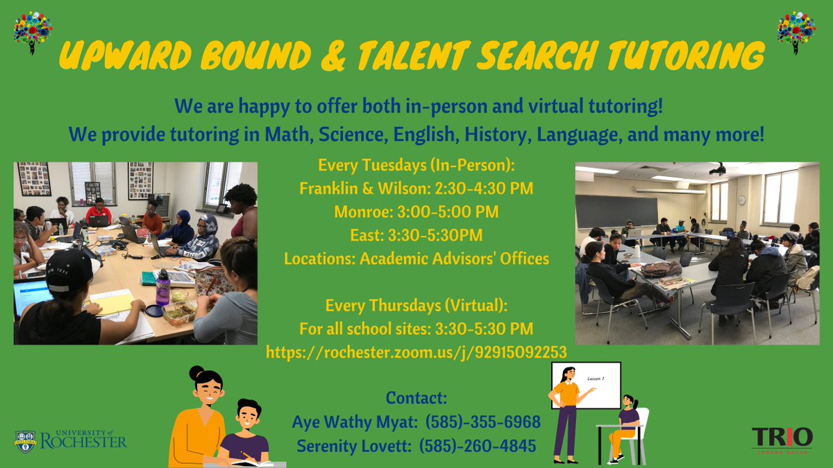 UR_CollegeBound's tweet photo. We're excited to announce that tutoring for Upward Bound and Educational Talent Search will begin this week. We provide both in-person and online tutoring after school and during school hours. More information is available on the flyer below. Contact your advisor for more info. https://t.co/Unc0r6kA30
