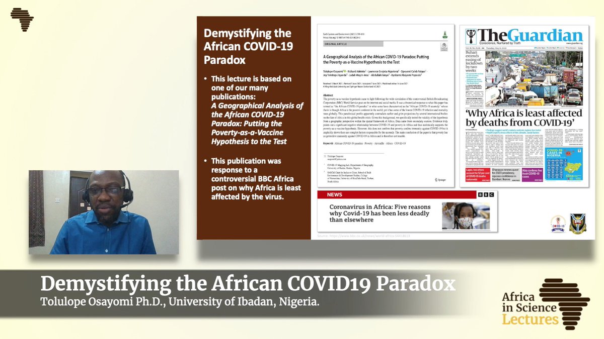 The #African #Covid19 Paradox
You've heard of it. Now it's time you hear from the Africa-based scientists who have researched it. 
Watch the latest AiS Lecture by Dr. Osayomi, founder <a href="/Covid19mapping1/">Covid19mappinglab</a>, <a href="/UniIbadan/">University of Ibadan</a>, #Nigeria, at👉🏽youtu.be/MVsOGztdx1g
#Poverty #Africa #Vaccine
