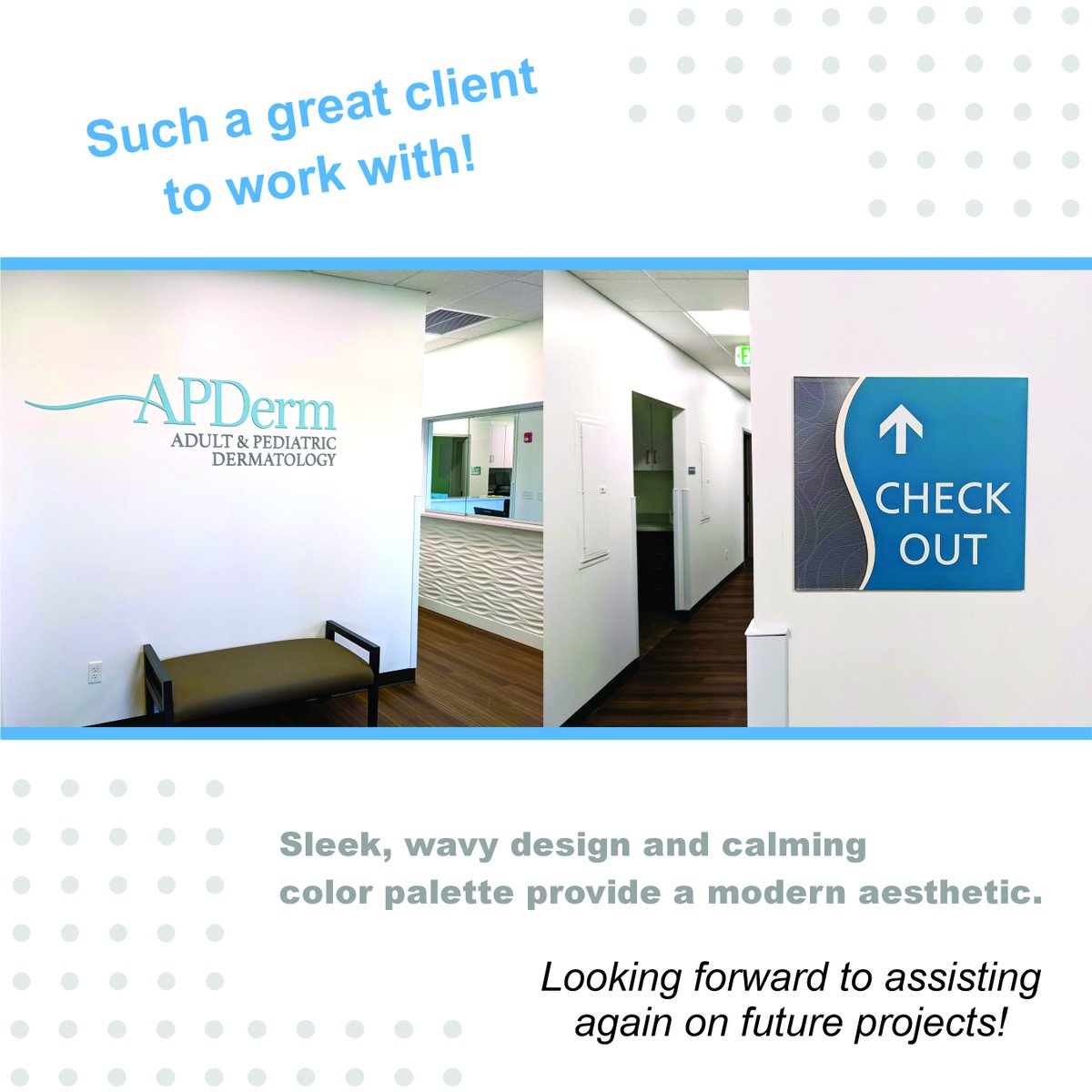 SignSystem1's tweet image. We've had the pleasure of working with APDerm for 10 years and no wonder patients feel at ease in these offices. The calming colors and sleek, modern designs are just the type of inviting #signdesigns we strive for. 

#interiorsignage #wayfinding #signsystems #healthcaresignage