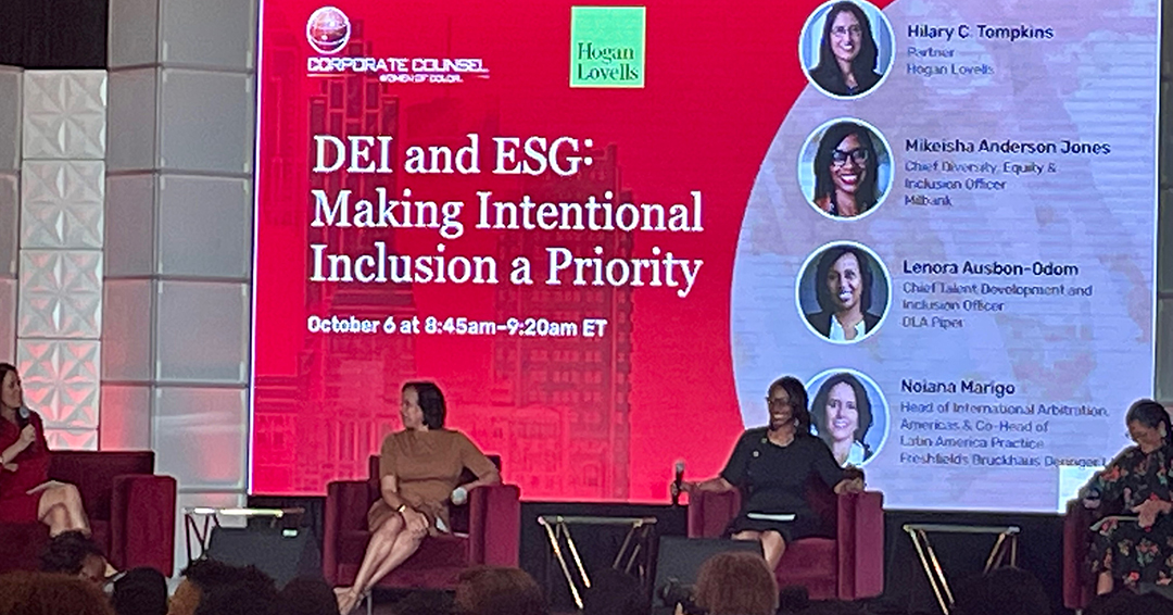DLA_Piper's tweet photo. Lenora Ausbon-Odom, our Chief Talent Development and Inclusion Officer, addressed a packed house at this week’s 2022 Corporate Counsel Women of Color Conference in Atlanta with a conversation about DEI and #ESG with a focus on intentionality. #CCWC #CCWCAtlanta https://t.co/ZgQLwKKYGV