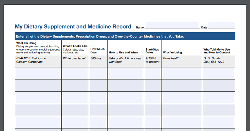 NIH_ODS's tweet photo. #DYK that certain #dietary #supplements can interact with #medications ? Make sure your #healthcareprovider knows what you take regularly. @NIH_ODS has a handy fillable and printable record to help you keep track: https://t.co/w6MeVjgi44 https://t.co/ZTtyNpBDEH