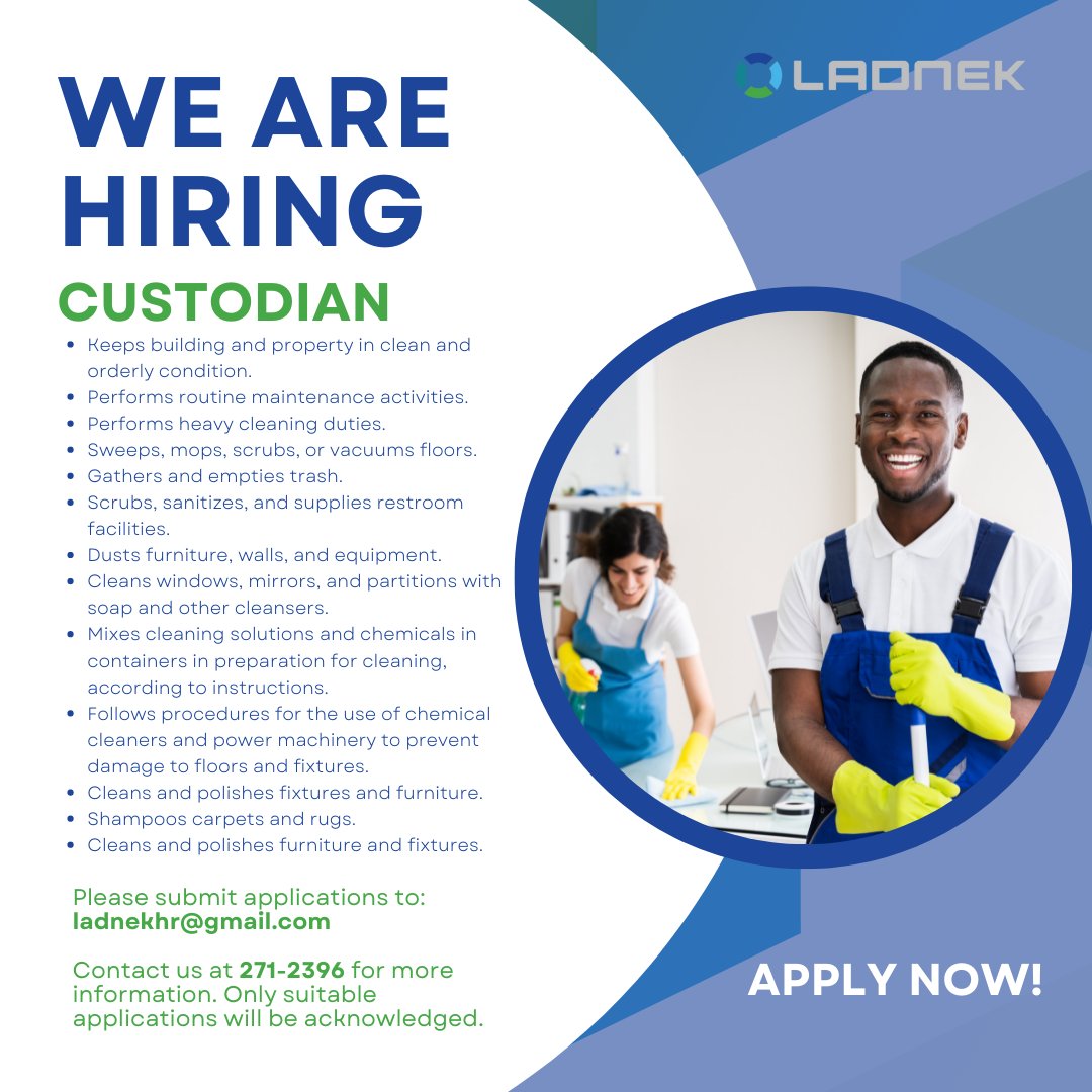LADNEKLTD's tweet photo. URGENT HIRING!

Open positions: 
- Custodian 
- Female Driver 
- Hygiene Service Technician

Please submit your applications to: ladnekhr@gmail.com or
Contact us at 271-2396 for more information.
Only suitable applications will be acknowledged.

#Ladnek #Hiring #Apply https://t.co/CwJIMt9P4G