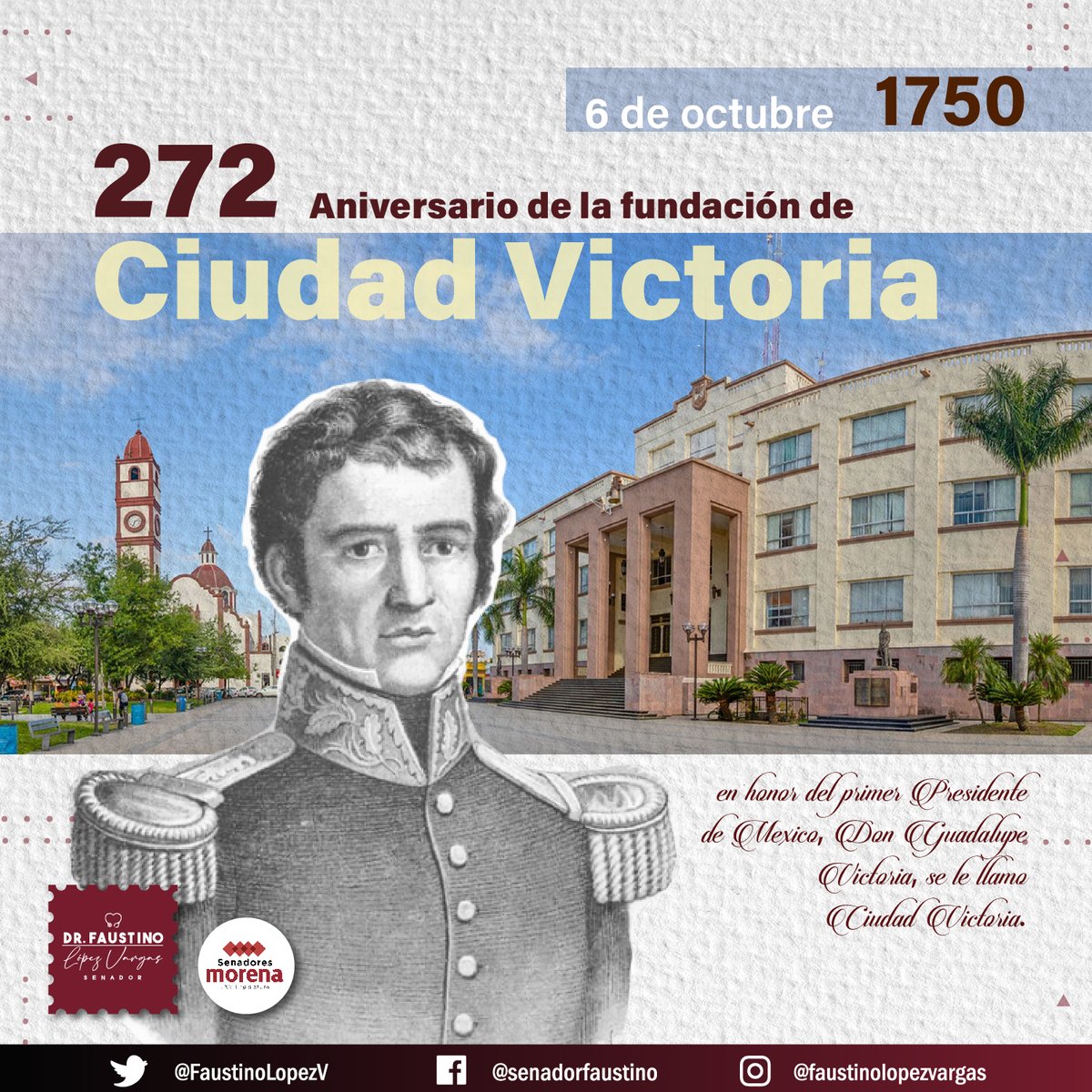 Quiero hacer una cariñosa felicitación a Ciudad Victoria, porque hoy es un día de fiesta, se conmemora el 272 aniversario de una Ciudad que es bella por su gente, comida, tradiciones e historia.
Aprovechemos este día para sentirnos orgullosos los tamaulipecos de nuestra cultura.