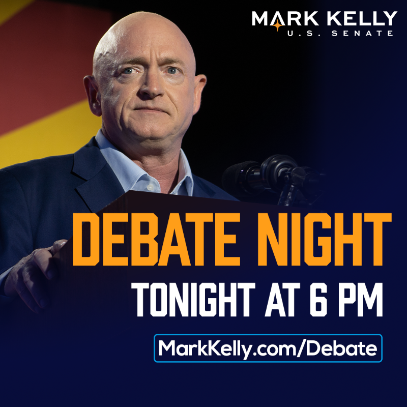 CaptMarkKelly's tweet photo. Tonight, Iโll take the debate stage to talk directly to Arizona about whatโs at stake in this race โ abortion, the economy, Social Security, and more.
Go to https://t.co/SsdIuLIF9M to watch live at 6 PM.