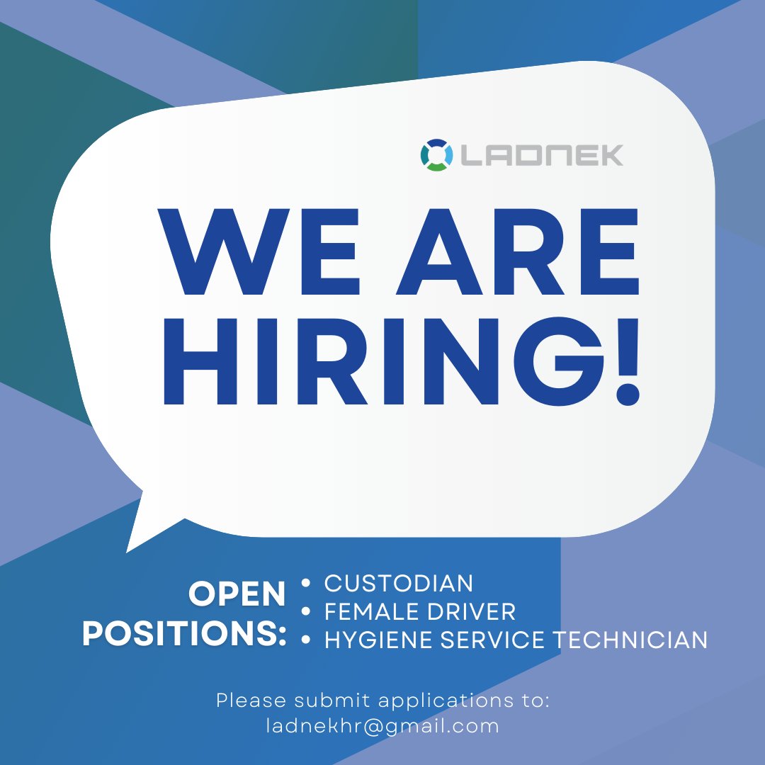 LADNEKLTD's tweet photo. URGENT HIRING!

Open positions: 
- Custodian 
- Female Driver 
- Hygiene Service Technician

Please submit your applications to: ladnekhr@gmail.com or
Contact us at 271-2396 for more information.
Only suitable applications will be acknowledged.

#Ladnek #Hiring #Apply https://t.co/a9lD6T6Xe2