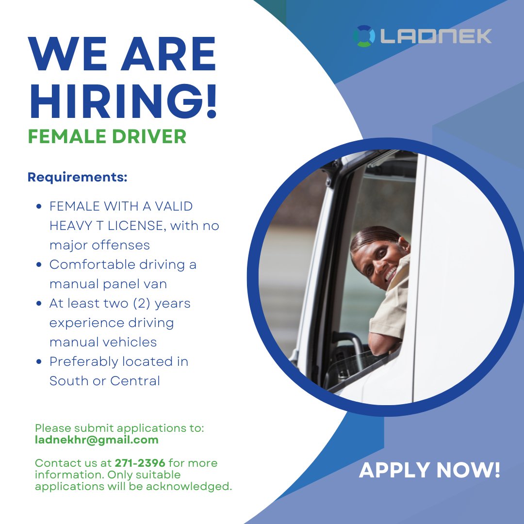 LADNEKLTD's tweet photo. URGENT HIRING!

Open positions: 
- Custodian 
- Female Driver 
- Hygiene Service Technician

Please submit your applications to: ladnekhr@gmail.com or
Contact us at 271-2396 for more information.
Only suitable applications will be acknowledged.

#Ladnek #Hiring #Apply https://t.co/a9lD6T6Xe2