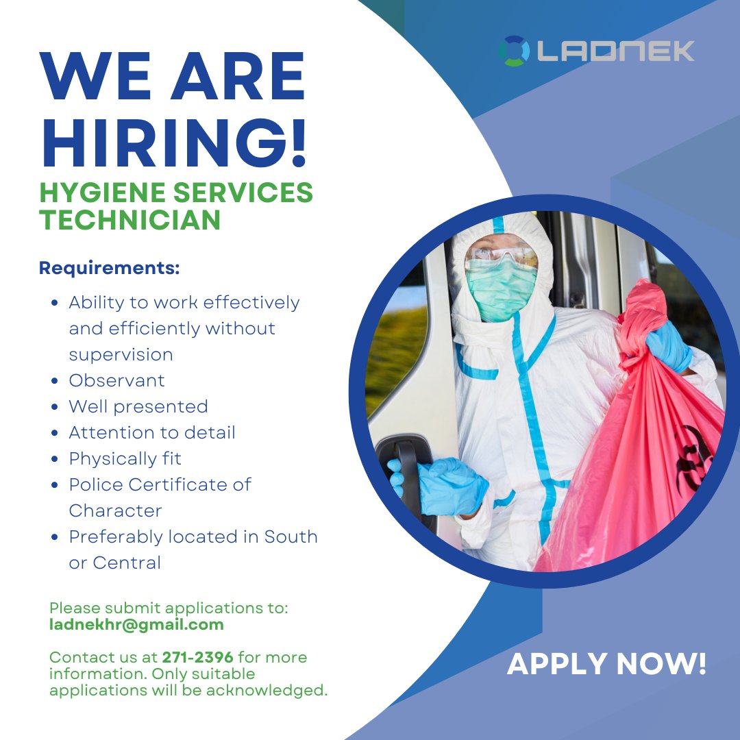 LADNEKLTD's tweet photo. URGENT HIRING!

Open positions: 
- Custodian 
- Female Driver 
- Hygiene Service Technician

Please submit your applications to: ladnekhr@gmail.com or
Contact us at 271-2396 for more information.
Only suitable applications will be acknowledged.

#Ladnek #Hiring #Apply https://t.co/a9lD6T6Xe2