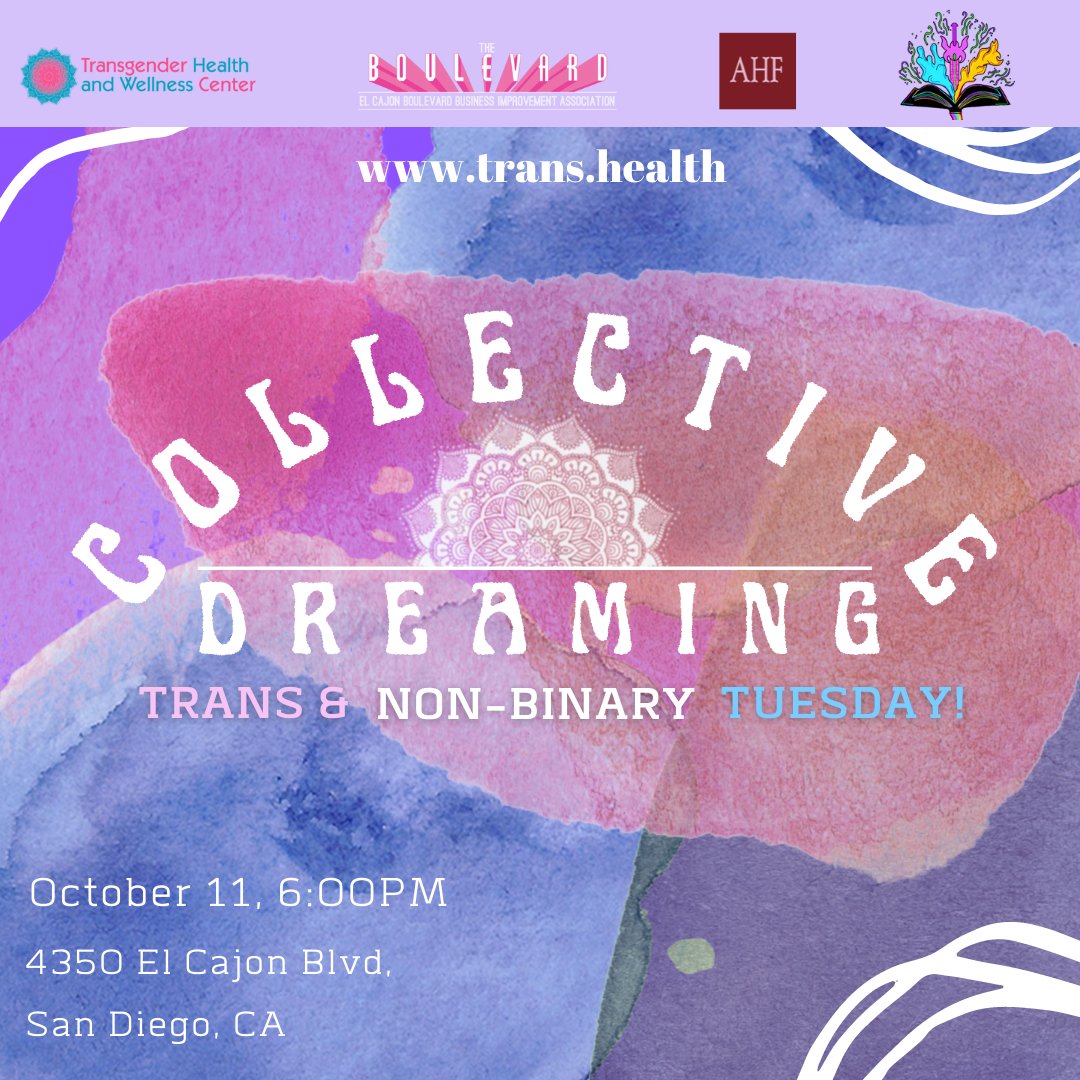 TransHAWC's tweet image. Trans and Non-Binary Tuesday!!
From 6-8pm
4350 El Cajon Blv., San Diego, CA 92105

#transtuesday #transandnonbinary #trans #transsandiego #sandiegotransgirl #sandiegononbinary  #transcommunity #transpride #nonbinarypride