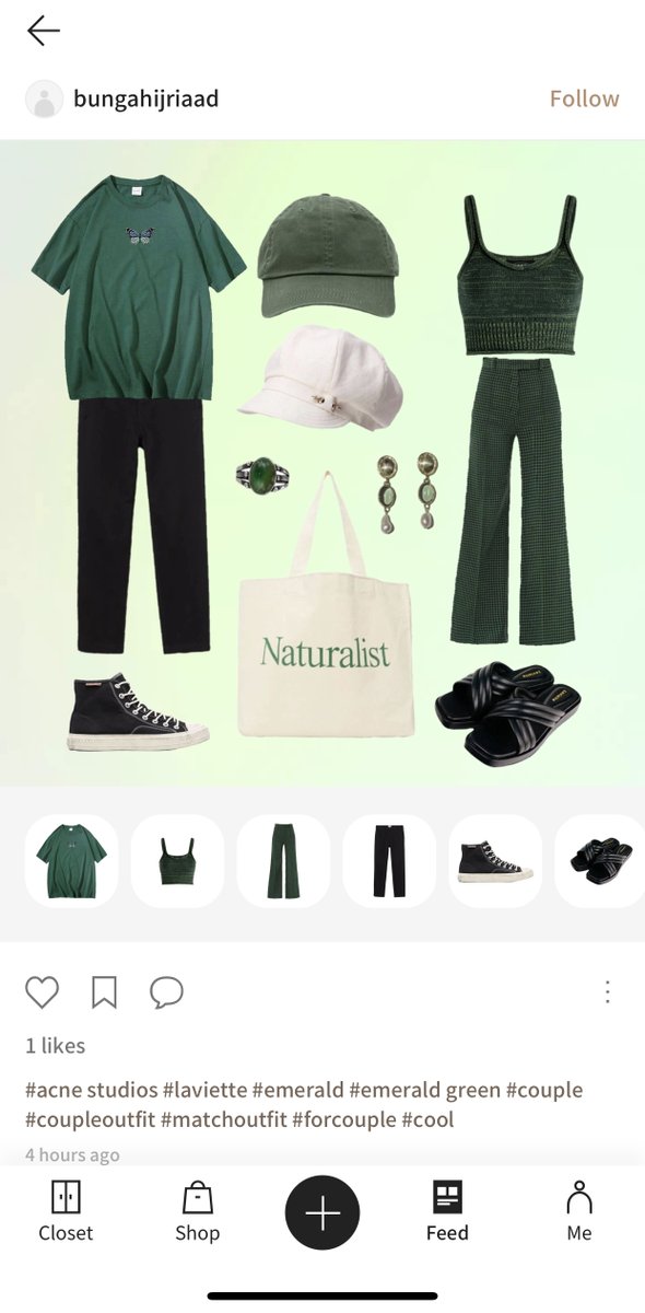 teamAcloset's tweet photo. Here's our pick for today from @bungahijriaad. The green outfits stand out as the center of attention. ❇️ Pairing dark green outfits with a white hat and a beige eco-bag brings out natural beauty! These outfits are a wonderful choice for any stylish couple. 🙌 #ACloset #ootd https://t.co/HhG3r7adl8