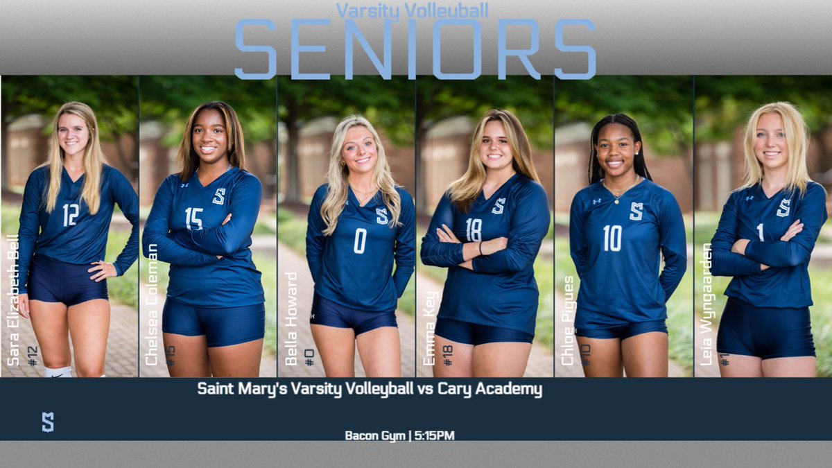 SMSAthleticsNC's tweet photo. The Athletic Department is excited to celebrate our Varsity Volleyball Seniors this afternoon, and all they have accomplished while a Saint Mary's Athlete. The ceremony begins at 5 with a game against Cary Academy to follow. #StrongerTogether #GoSaints #GreatestYear #Classof2023 https://t.co/TlRUHidiZw