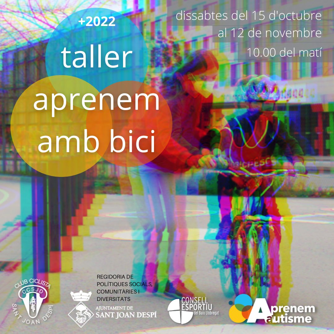 Re-editem l'exitós taller de 5 jornades, amb dues sessions cada dissabte, a partir del proper 15 d'octubre.
#AprenemBici #BiciEscolaCCSJD #AccioSocialCCSJD #ccsjd #AprenemAutisme #InclusioSocial #EsportInclusiu #PolitiquesSocialsSJD #DiversitatFuncional #ParcCiclistaLlobregat