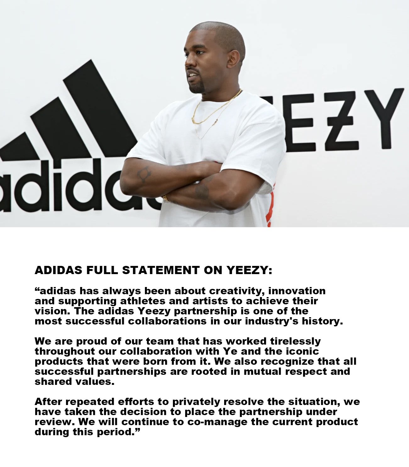 Vooruitzien Raar verkoopplan Nick DePaula on Twitter: "BREAKING: Adidas says Kanye West's Yeezy category  is *under review* “After repeated efforts to privately resolve the  situation, we have taken the decision to place the partnership under