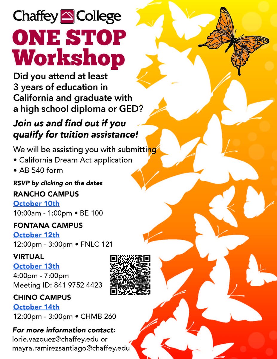 EOPSChaffey's tweet photo. Chaffey College supports our #daca and #undocumented students. Join an upcoming workshop if you need to submit your #CADAA or #ab540 form. Scan the QR code on the flyer to register! https://t.co/B1j7HMxtPt