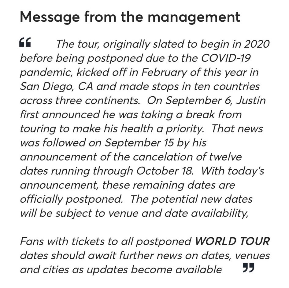 JustinsTourNews's tweet photo. All of Justin Bieber’s remaining dates for the “Justice World Tour” have officially been postponed. The new dates will be subject to venue and date availability. Check your emails for further information regarding your show dates. https://t.co/g9uyXfXFv0
