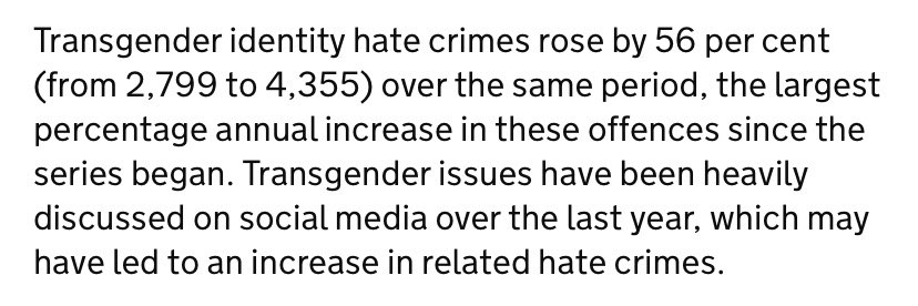 AdamBienkov's tweet photo. Hate crimes against trans people rose by 56% in 2021/22 - the biggest increase since records began.

The Home Office attributes this rise to comments about transgender issues "on social media". No mention of comments in the print media, or comments by politicians. https://t.co/VTdNdPvL7r