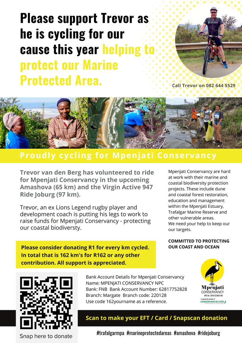 annaartjie's tweet photo. Trevor has volunteered to ride for #mpenjaticonservancy in the #Amashova2022  65km and #VirginActive947RideJoburg 97km donations raised for coastal and marine projects! Please consider donating R1/km  = 162 km's for R162 or other. #MarineProtectedAreas #coastalhabitats  #mpenjati https://t.co/GiUgVH2f5F