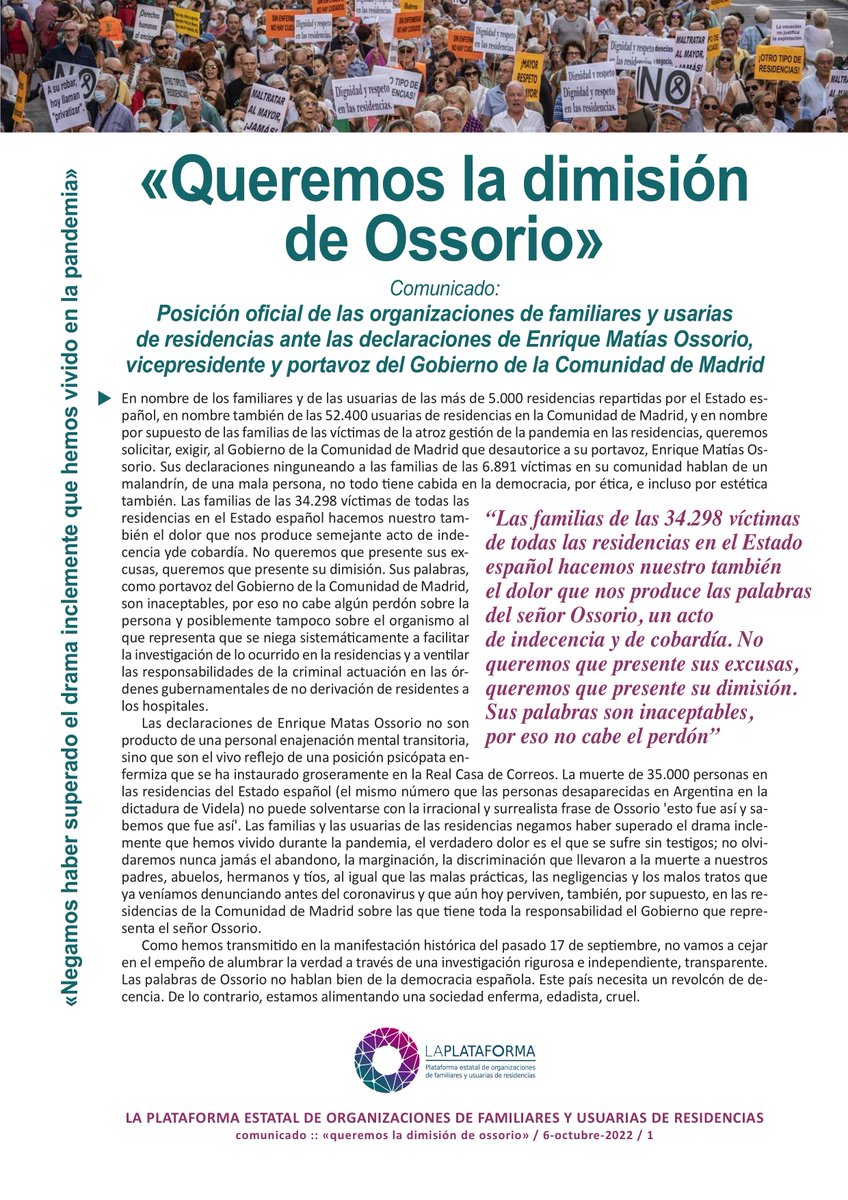 La_Plataforma_1's tweet photo. 🔴 Comunicado de LA PLATAFORMA Estatal de Organizaciones de Familiares y Usuarias de Residencias de Personas Mayores y de Personas con Discapacidad
‼️ Queremos la dimisión de Ossorio
‼️ Sus palabras son inaceptables
‼️ No cabe el perdón
‼️ Negamos haber superado el drama
#BastaYa https://t.co/9lR2Ca48YX