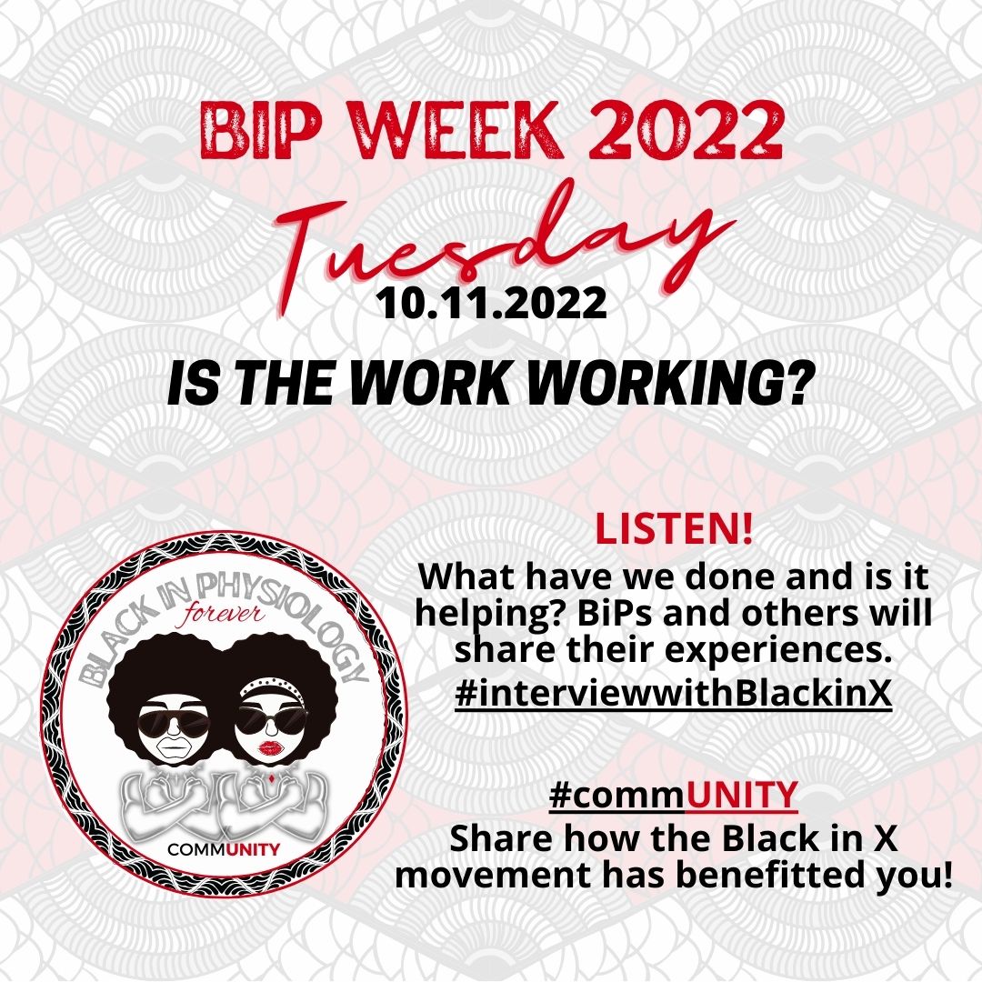 BlackInPhysio's tweet photo. Day 2 | Tuesday, Oct. 11th
📢Is the Work Working?

1) Hear experiences from BiPs and Black in X members. 
2) Share your experiences.
👉🏾Don't forget to tag a BiP member!!!
#interviewswithBlackinX | #commUNITY https://t.co/erseijbmJs