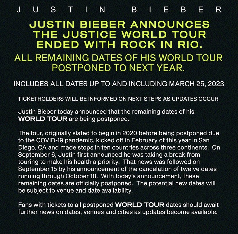 The rest of the Justice World Tour by Justin Bieber is officially postponed!