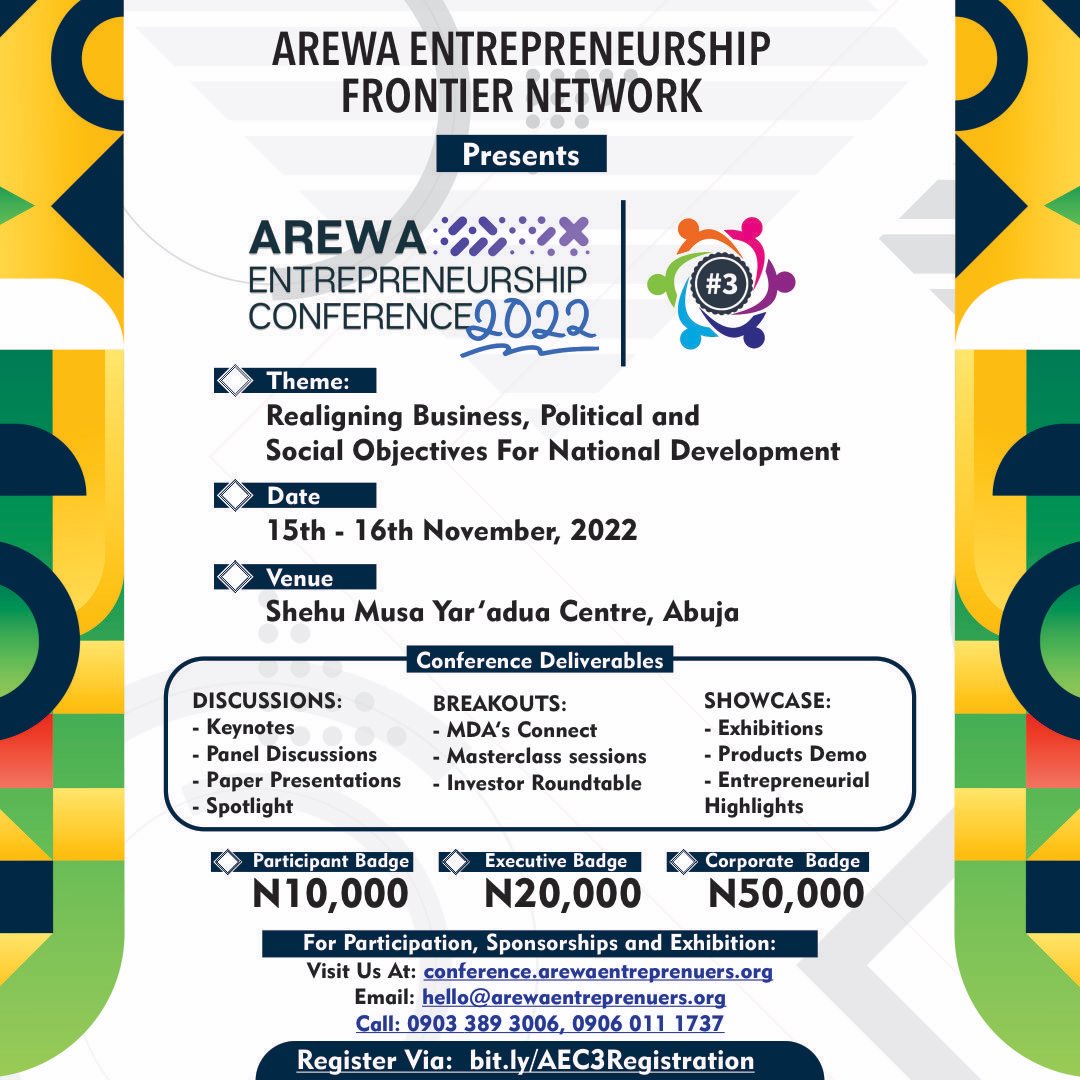 TheArewaPreneur's tweet photo. It’s here, Introducing:
Arewa Entrepreneurship Conference 3.0
-
#aec2.0
-
#conference #summit #arewaentrepreneurs #arewa #nigeria #entrepreneur #business #growth #development #sme https://t.co/ZdwtzdavfG