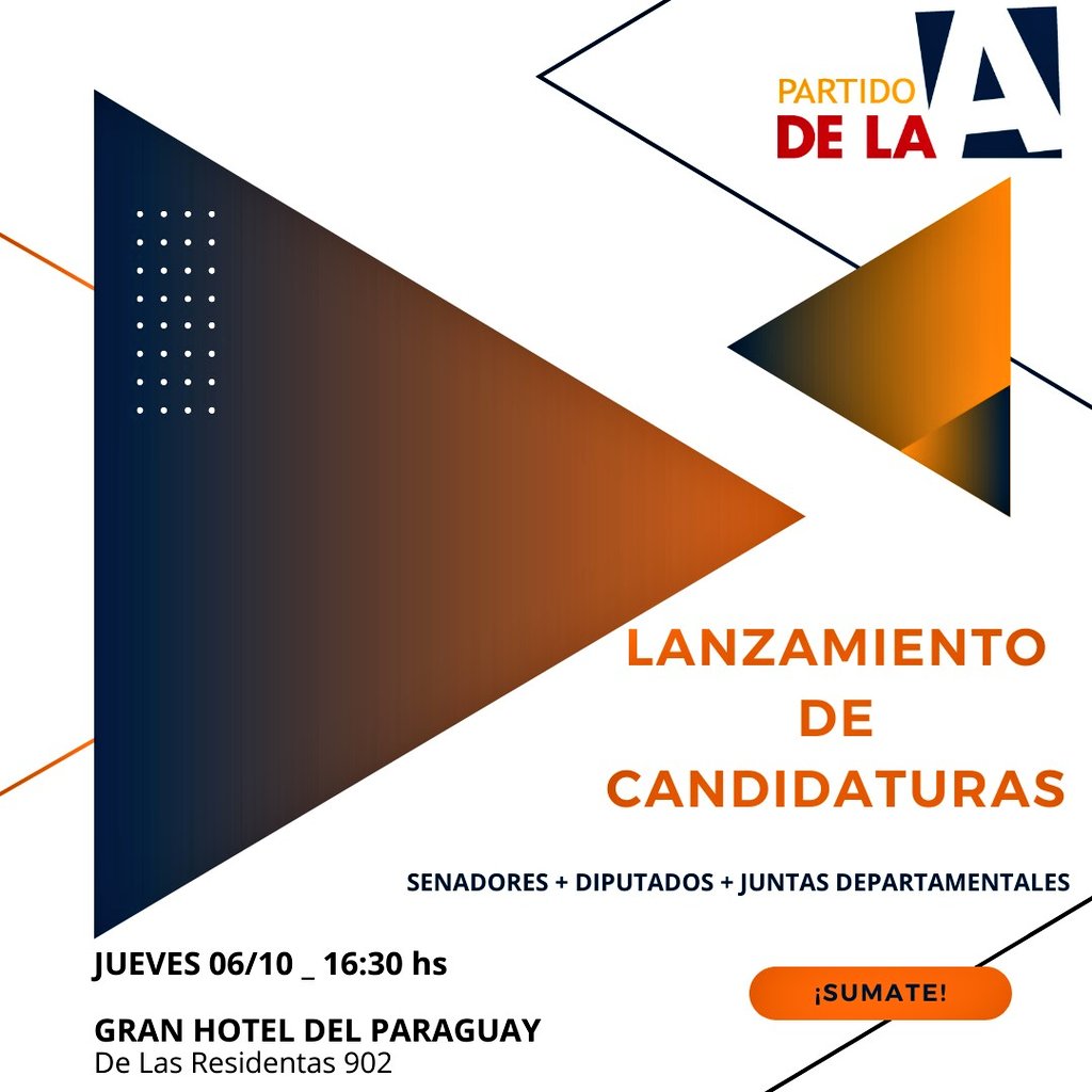 ANIBALCORO's tweet photo. Politikeando 🇵🇾🗳
El @partidodla realizará el lanzamiento de candidaturas al Senado, Diputados y Juntas Departamentales, hoy a las 16:30hs en el Gran Hotel del Paraguay. Este sector liderado por @Oti_Sanchez también brindará su respaldo a la dupla @EfrainAlegre - @solenu. https://t.co/dWY1LKZFnT