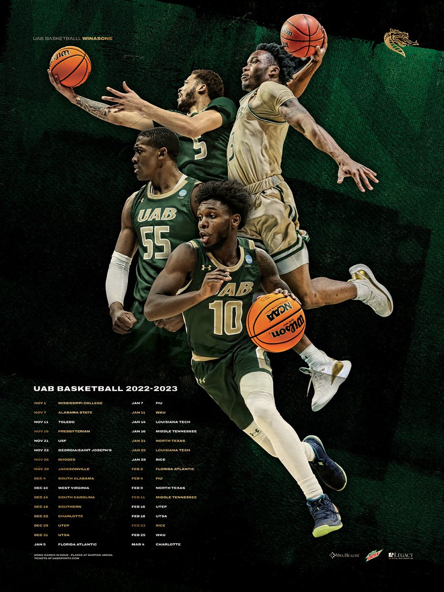 The 2022-23 UAB Men's Basketball Poster Grab a free poster on Saturday at Blazer Village from 1-2 p.m. and get it signed by the team! #WinAsOne