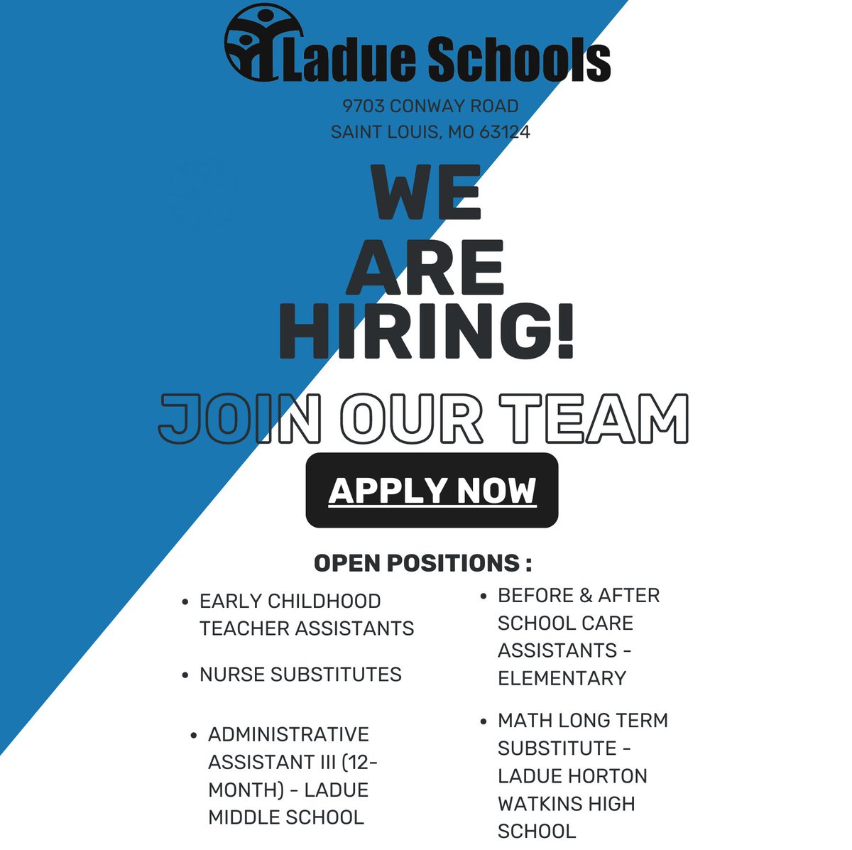 LadueSchoolsHR's tweet photo. #DUEAPPLY to join the Ladue School District! https://t.co/3Helmfuaeq @LadueSchools  @LadueSupe https://t.co/t39SdCEO2U
