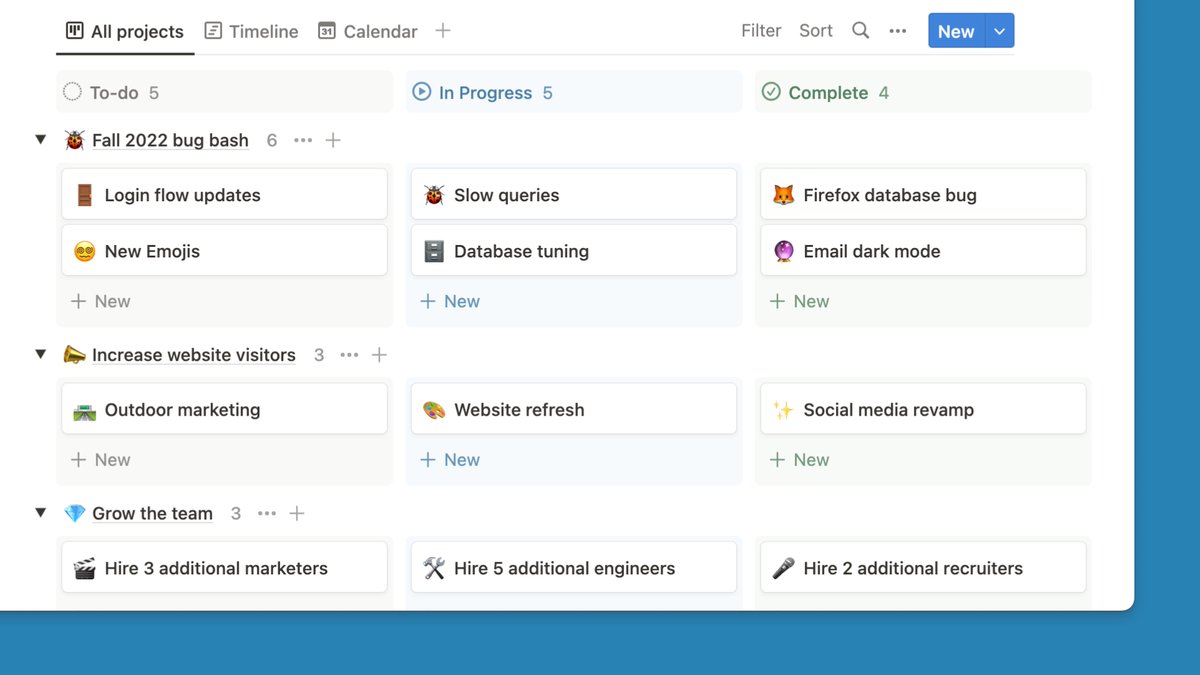 NotionHQ's tweet photo. 📘 Tip: Project manage like a pro with sub-groups in board view!

• Group by status, sub-group by OKR
• Group by priority, sub-group by assignee
• Group by due date, sub-group by team https://t.co/2Scuwr53l1