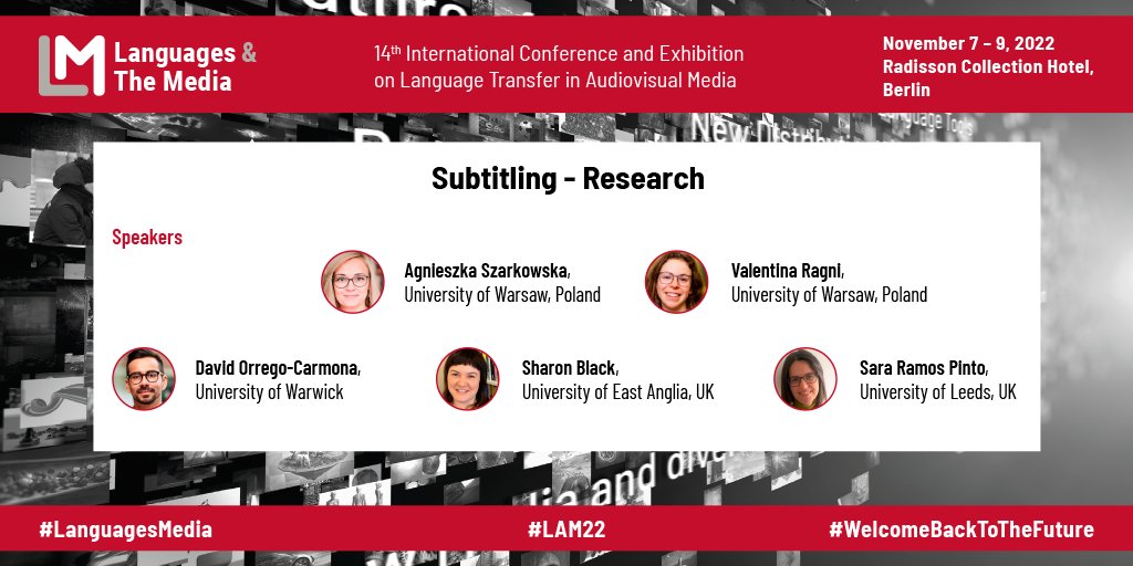 LMconference's tweet photo. How is subtitle speed affecting the reading and comprehension of subtitles? And how important is the translation of non-verbal elements? Find out in this session on Subtitling Research with @ASzarkowska Valentina Ragni @dorrego @sharonblacktrad and Sara Ramos Pinto! #LAM22 https://t.co/e1V7gbPgkf