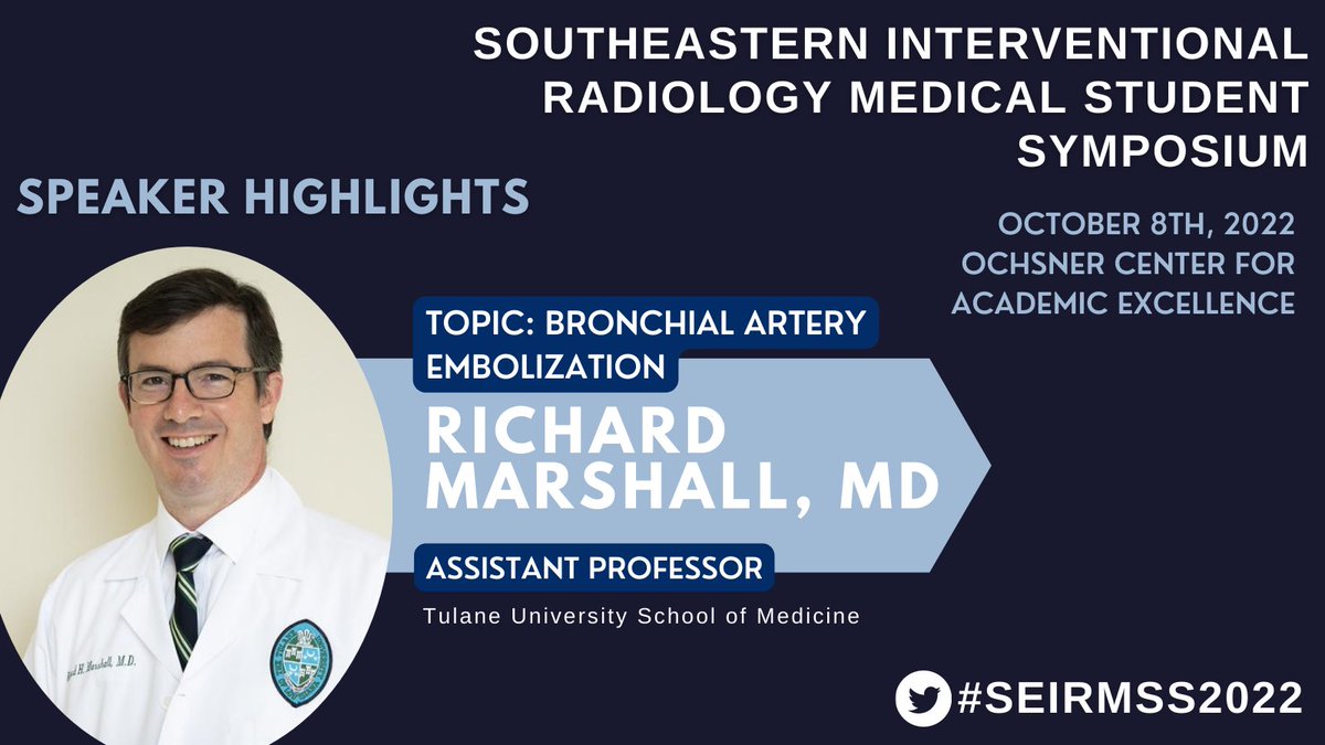 We are thrilled to feature Dr. Richard Marshall at #SEIRMSS2022!

Dr. Marshall is an Assistant Professor of Vascular and Interventional Radiology <a href="/TulaneMedicine/">Tulane Medicine</a>. Cannot wait for his talk!

#IRad #FutureRadRes #RadTwitter #MedTwitter
