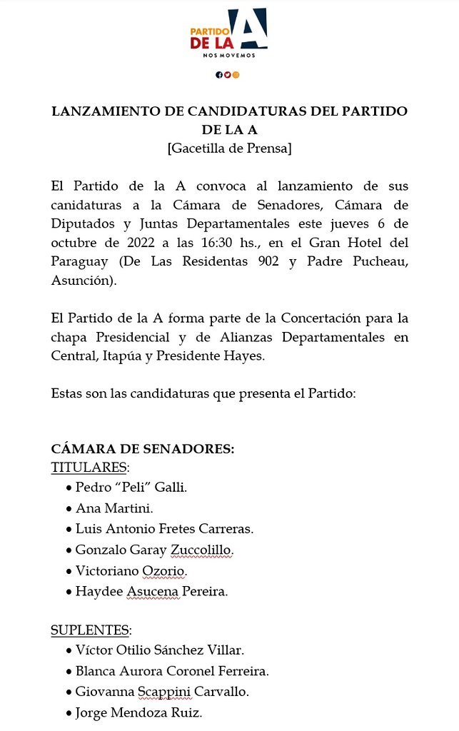 politicapycom's tweet photo. El @partidodla liderado por @Oti_Sanchez convoca al lanzamiento de candidaturas a Senadores, Diputados y Juntas Departamentales. Hoy desde las 16:30 hs. en el Gran Hotel del Paraguay. El partido anunciará su apoyo a la dupla @EfrainAlegre @solenu dentro de la #Concertación2023 https://t.co/OgvBDk280U