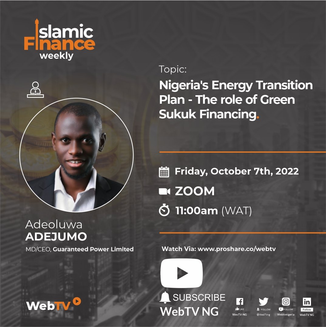 Coming up tomorrow is another episode of the #Islamicfinanceweekly with Mr.Adeoluwa Adejumo, MD/CEO, Guaranteed Power Ltd as we discuss 'Nigeria's Energy Transition Plan-The role of Green #Sukuk Financing.'  #energy #power #Sukuk #Nigeria 

Watch this space!