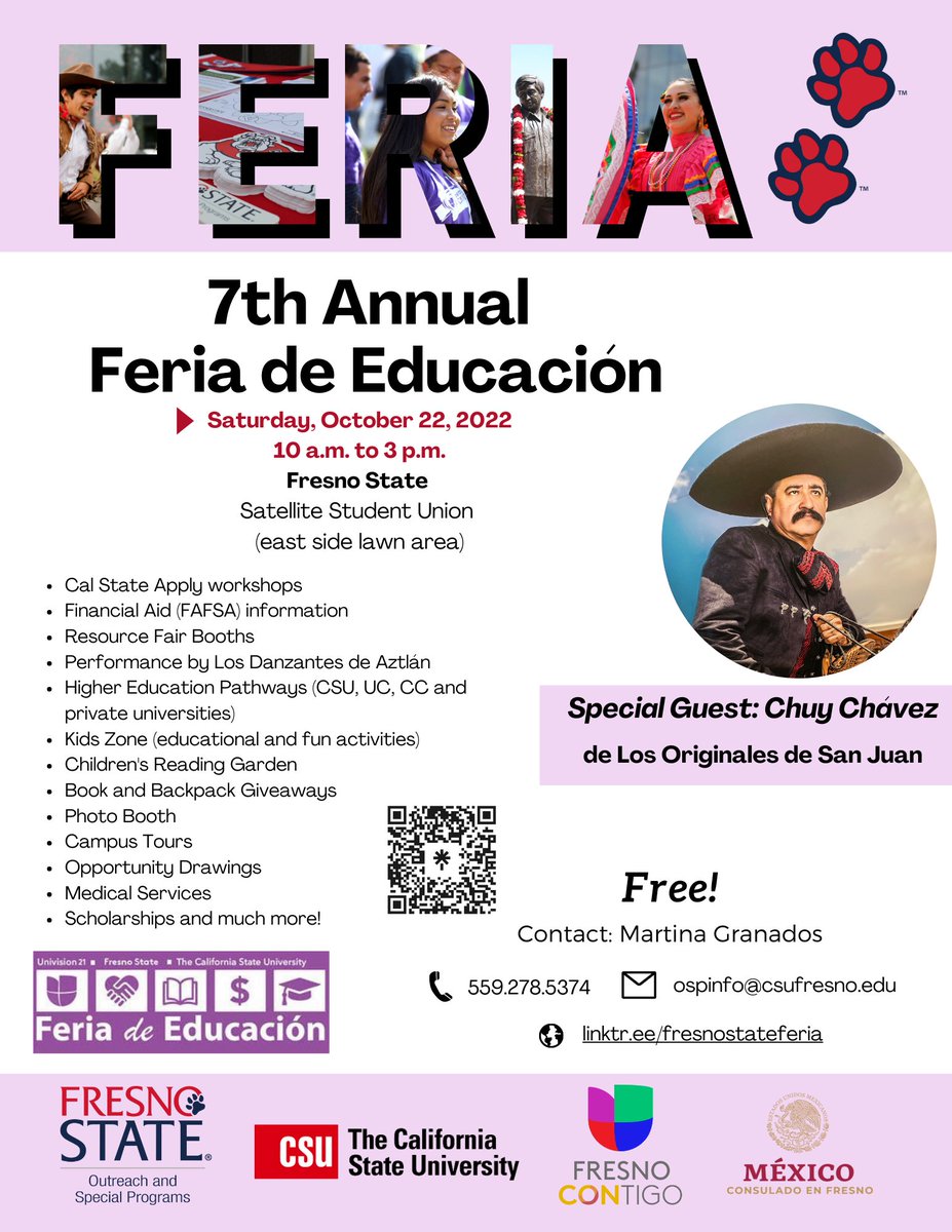 Fresnostateosp's tweet photo. Are you ready for Fresno State Feria de Educación 2022!?! We are back in-person at Fresno State and hope to see all the families and future students join us for this FREE event on Sat., Oct. 22, 2022 from 10 a.m. to 3 p.m.! ❤️💙 #FSFeria #FresnoState #CSUFeria #FutureFSBulldog https://t.co/SrOHbMwFn9