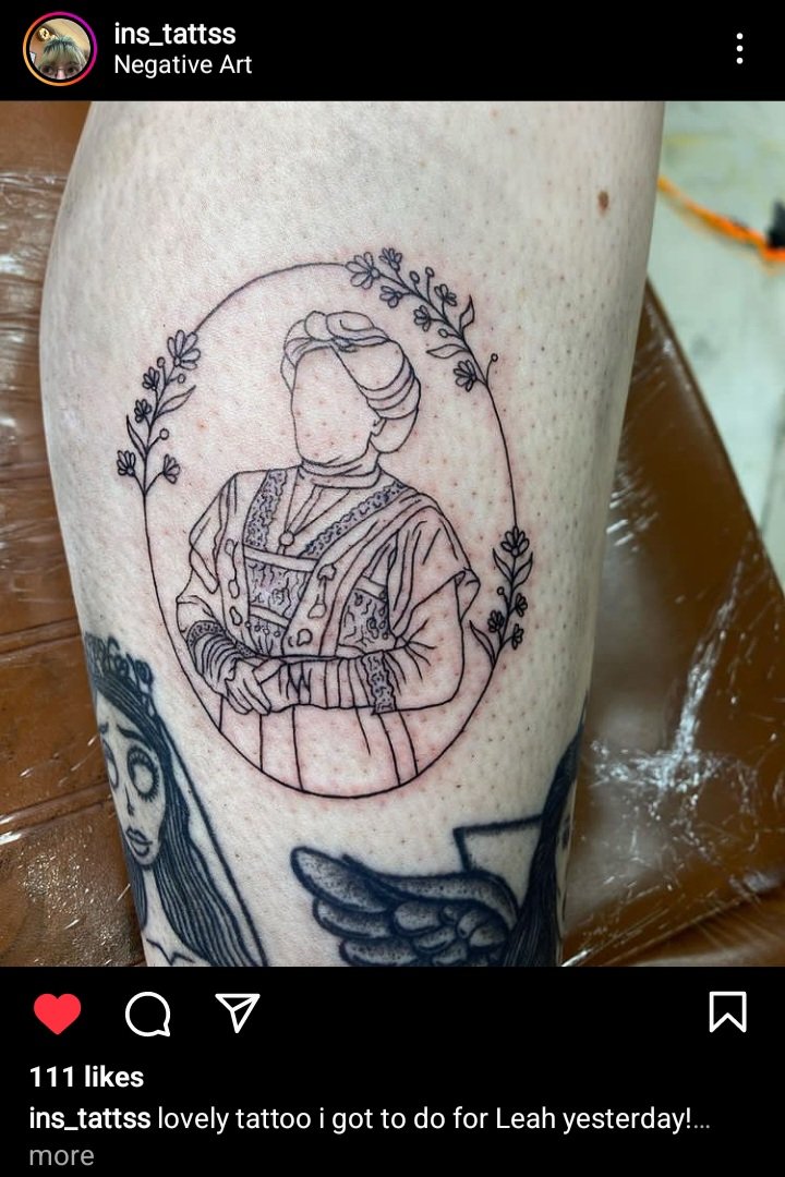 goodlordcap's tweet photo. My sister sent me this, someone got a Lady B tattoo!! It looks brilliant! @MarthaHD #ladyb #fannybutton #bbcghosts #tattoo #bbcghoststattoo https://t.co/tNVcGvznfo