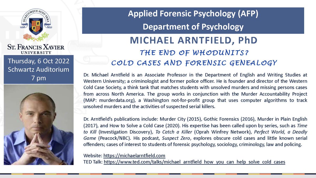 Applied Forensic Psychology StFX (@forensicstfx) on Twitter photo Tonight is the night! Join us for a free public talk by Dr. Michael Arntfield at 7pm in the Schwartz Auditorium. <a href="/StFXPsych/">StFX Psychology Department</a> <a href="/stfxuniversity/">StFX University</a> <a href="/WesternU/">Western University</a> #forensicpsych #coldcase #whodunit <a href="/margocwatt/">Dr. Margo C. Watt</a> <a href="/chrisjlively/">Christopher J. Lively</a> Tonight is the night! Join us for a free public talk by Dr. Michael Arntfield at 7pm in the Schwartz Auditorium. <a href="/StFXPsych/">StFX Psychology Department</a> <a href="/stfxuniversity/">StFX University</a> <a href="/WesternU/">Western University</a> #forensicpsych #coldcase #whodunit <a href="/margocwatt/">Dr. Margo C. Watt</a> <a href="/chrisjlively/">Christopher J. Lively</a>