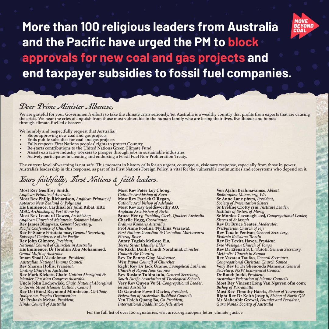 Yesterday, First Nations and faith leaders across Australia and the Pacific published this open letter to @AlboMP calling on the Government to block approvals for new coal and gas projects and end taxpayer subsidies to FF companies! 💥 @arrcc1 #Faiths4Climate #NotAnotherDollar