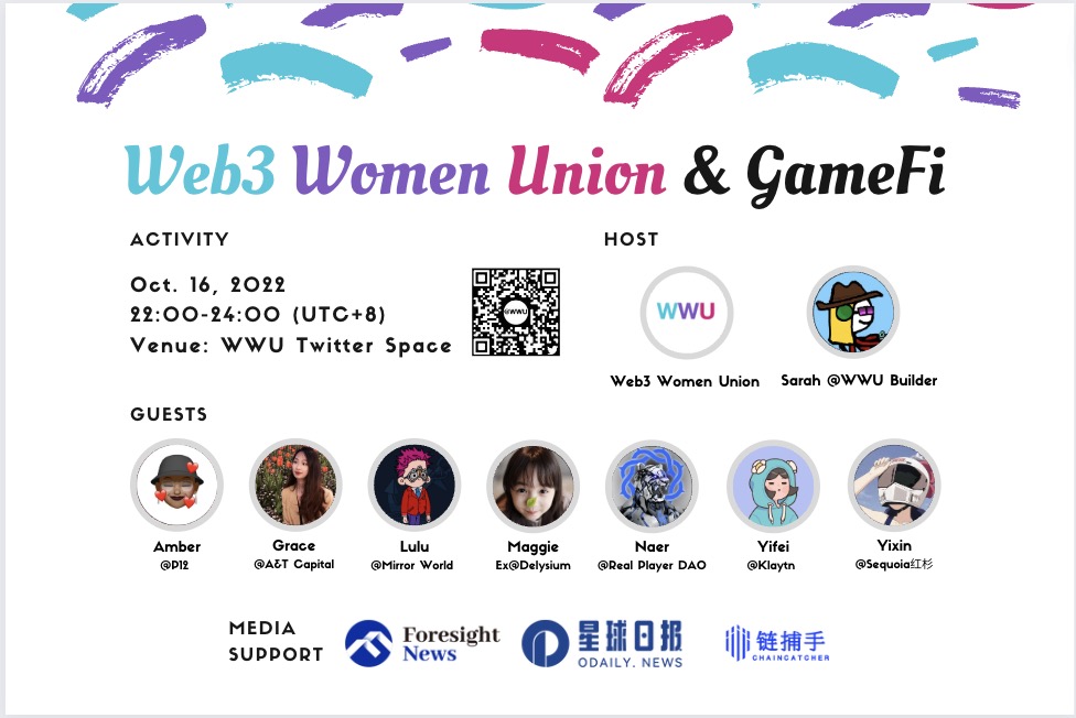 Web3WomenUnion's tweet photo. 💗 Cyber Girls Rally: WWU GameFi Session 💗  

👉 Time: 22:00-23:30 (UTC+8) Sunday 10/16
👉 Activity location: https://t.co/t3Dw0umYmN
👉 Guests from MirrorWorld, Sequoia, P12, Klaytn
, Delysium and Real Player DAO !!

Welcome to join us!#Web3WomenUnion #GameFi‌ https://t.co/dG5WMJQj1v