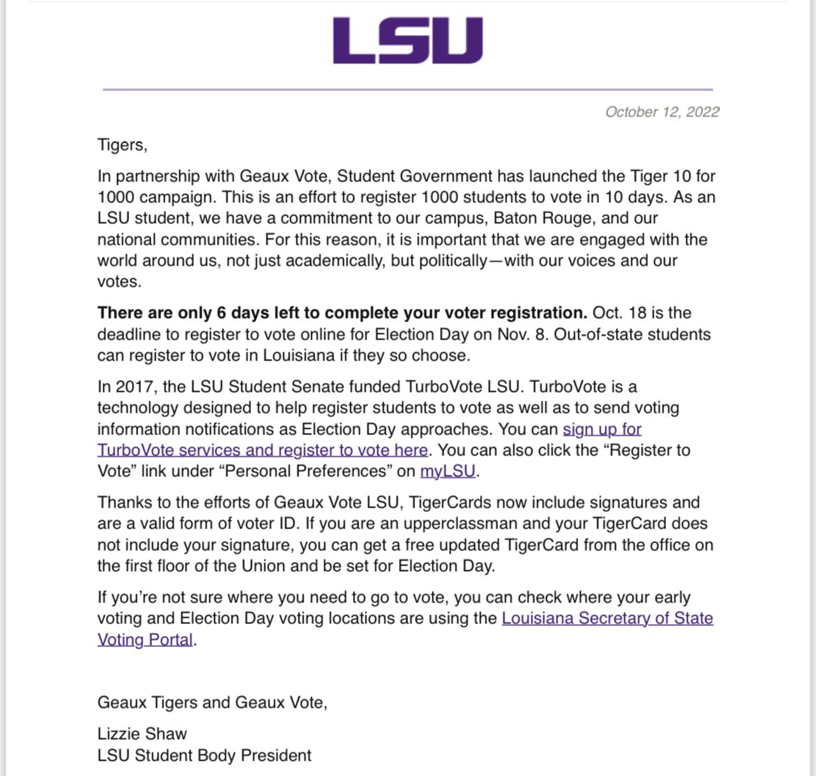 Now there’s only 5 DAYS LEFT to register to vote in Louisiana. 

LSU Students, check your email for a letter with details on how to register.